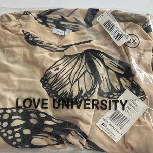 Love university Beige Top w Black Butterfly Print. Pic for content off website.